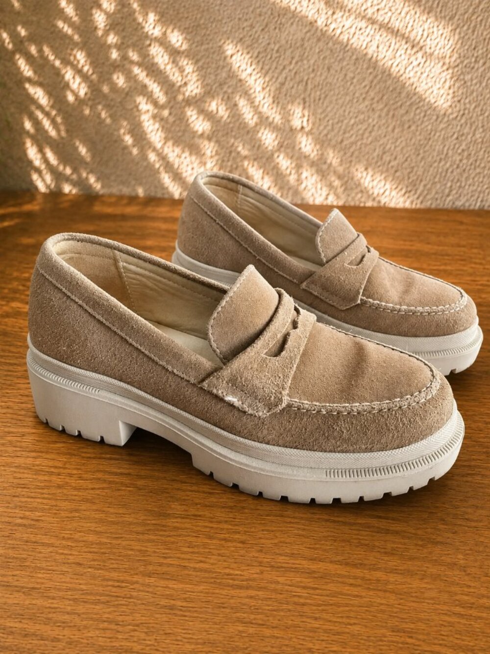 Patina Zoe Taupe Suede Leather Chunky Lug Sole Loafers Slip On Size 6